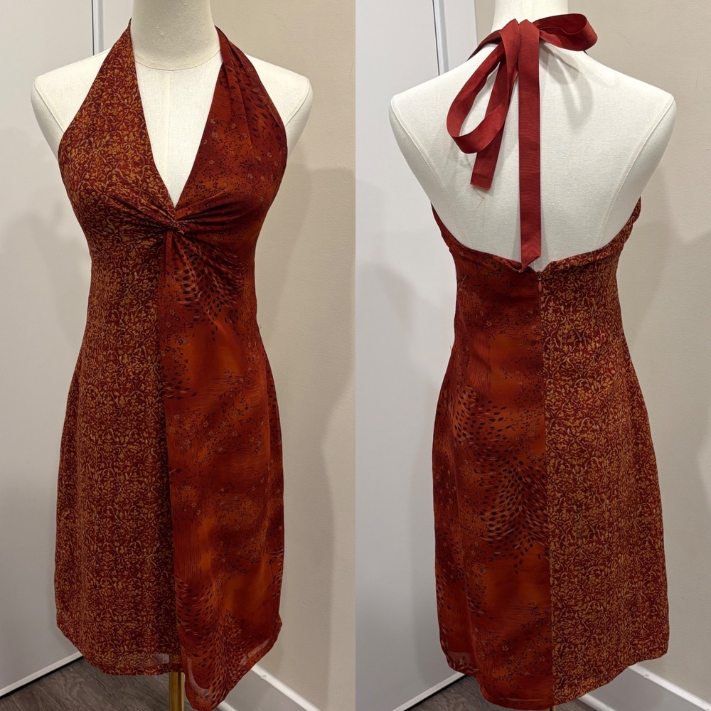 90s Laundry Shelli Segal Red Orange Floral Boho Colorblock Twist Halter Dress 2